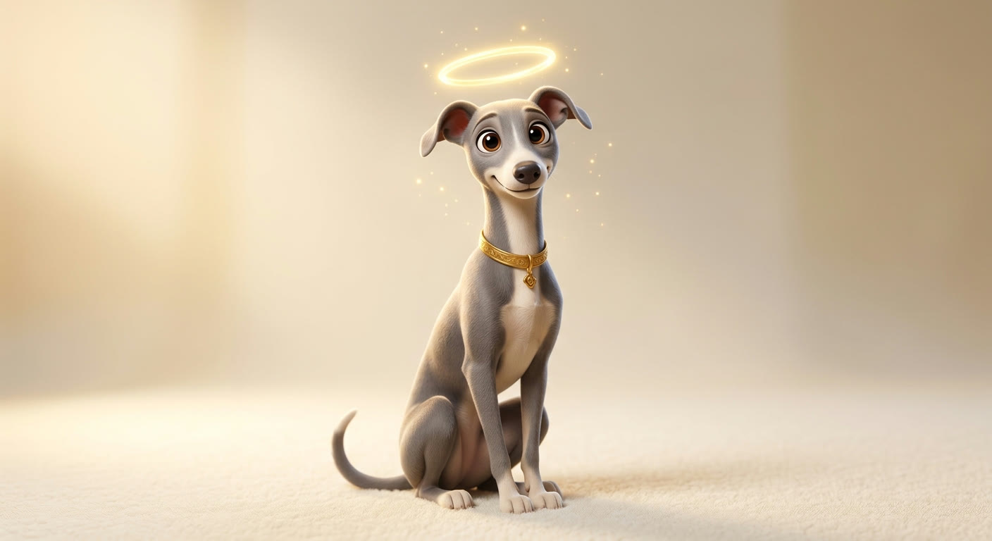 An over-prompted, Pixar-style greyhound mascot — the failed first attempt.